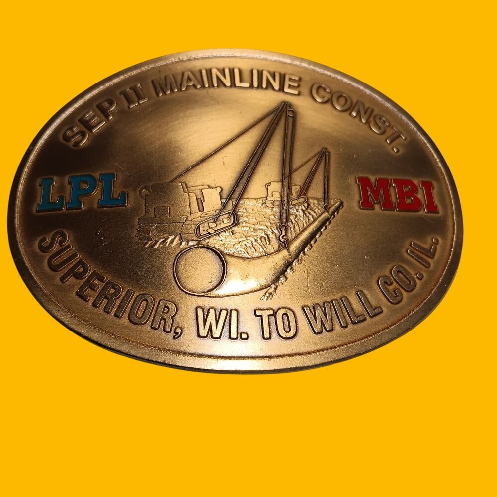 Vintage Belt Buckle VINTAGE BRASS LPL & MBI MAINLINE CONSTRUCTION INDIANA METAL